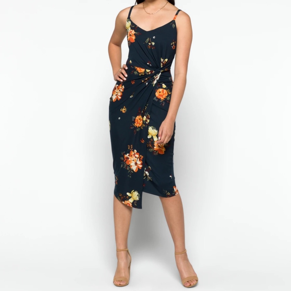 NINE BRITTON Vivienne Knit Fitted Floral Unlined Cinch Waist Midi Dress